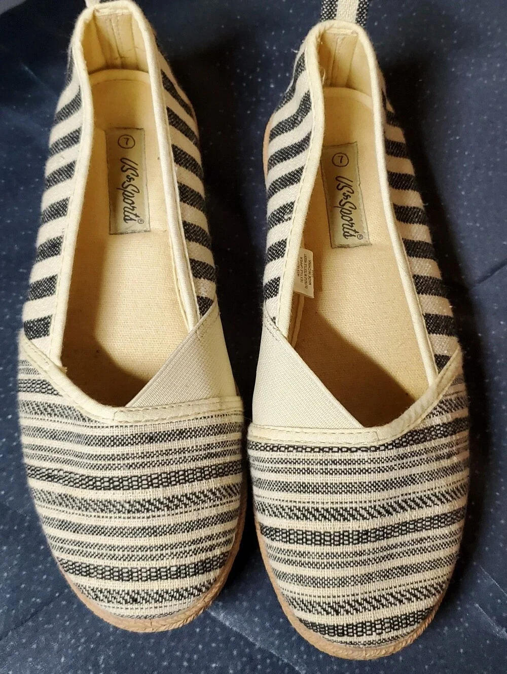 US Sports Black & Cream Striped Canvas Slip-On Espadrille Flats Size 7